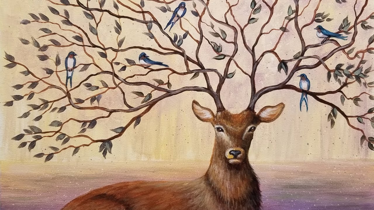 1280x720 Learn To Paint A Fantasy Deer With Tree Branch Antlers Free Step - Tree Branch Painting