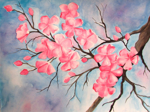 613x460 Cherry Blossom Watercolor Painting - Tree Branch Painting