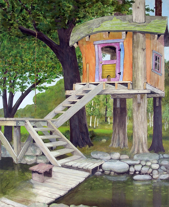 572x700 Tree House Pond Painting By Will Lewis - Tree House Painting