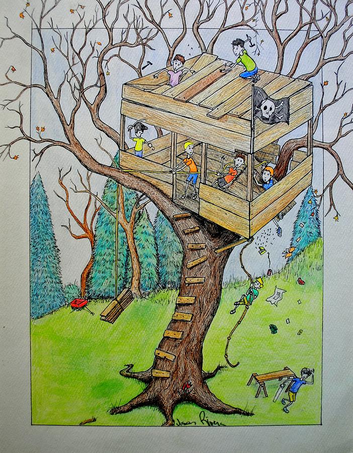 702x900 Treehouse Painting By Josean Rivera - Tree House Painting