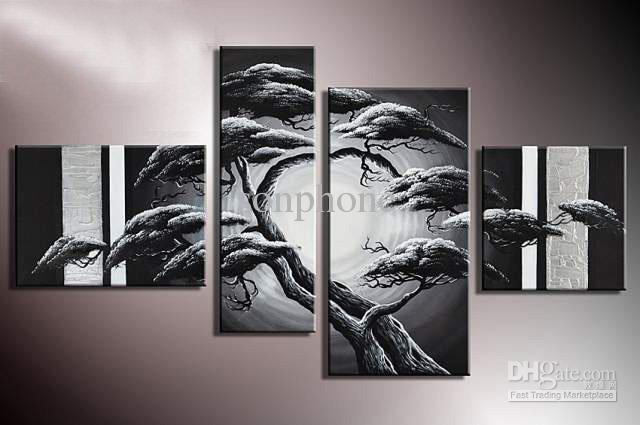 640x425 2018 Framed 4 Panels 100% Handpainted Large Black And White Tree - Tree Painting Black And White