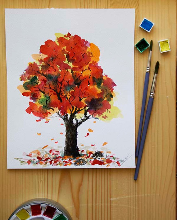 570x706 Items Similar To Happy Tree Painting Original Watercolor Painting - Tree Painting For Kids