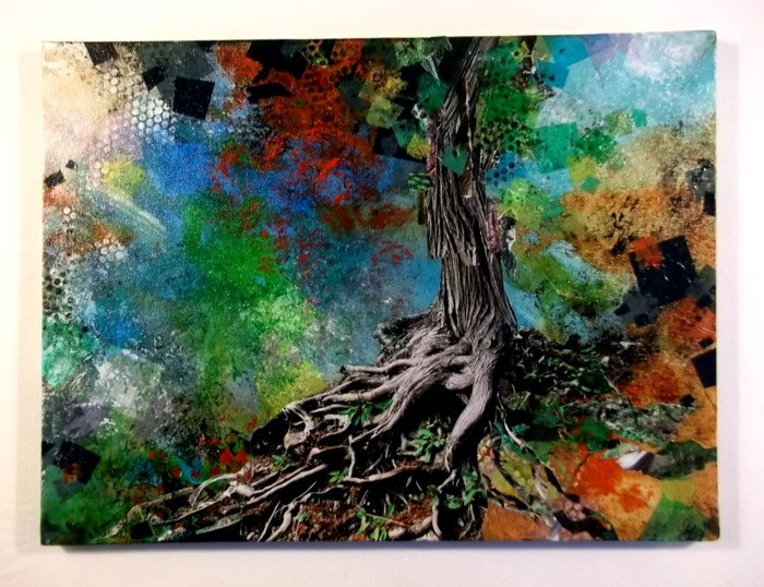 700x538 Gnarled Tree Roots Abstract Mixed Media On Canvas - Tree Roots Painting