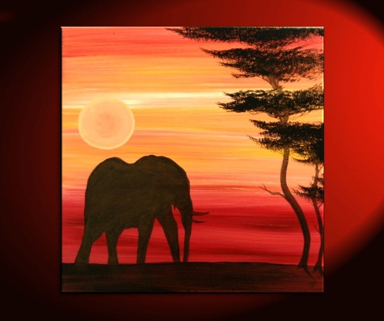 750x627 Elephant Painting Sunset Silhouette African Acacia Tree Savanna - Tree Silhouette Painting