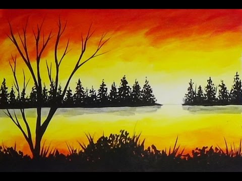 480x360 Acrylic Painting Sunset Cove And Pine Trees Silhouette - Tree Silhouette Painting