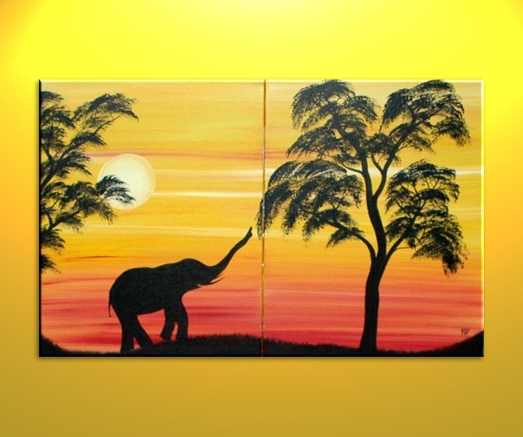 750x627 African Elephant Silhouette Painting Sunset Tree Art Original Dusk - Tree Silhouette Painting