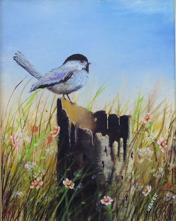 570x717 Paintings Of Birds And Wildlife Art Paintings Chickadee On A Tree - Tree Stump Painting