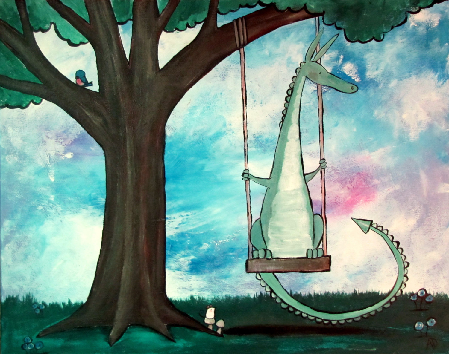 1500x1185 Dragon Tree Swing Fairy Tale Illustration Kids Art Print Wall - Tree Swing Painting