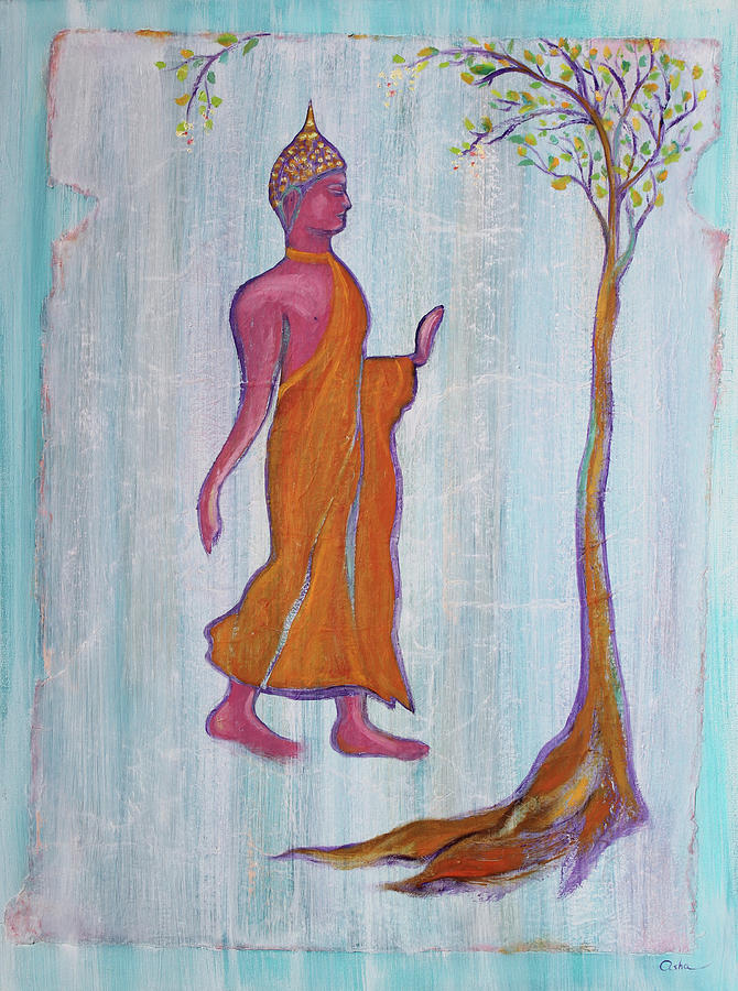 670x900 Walking Buddha And The Raintree Painting By Asha Carolyn Young - Tree With Roots Painting