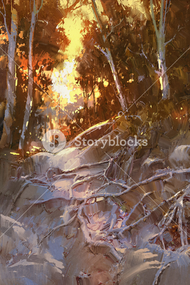 667x1000 Landscape Painting Of Path Covered With Tree Roots And Rocks - Tree With Roots Painting