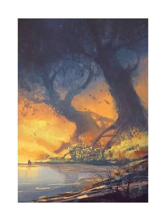 338x450 Fantasy Landscape Painting Of Big Trees With Huge Roots - Tree With Roots Painting