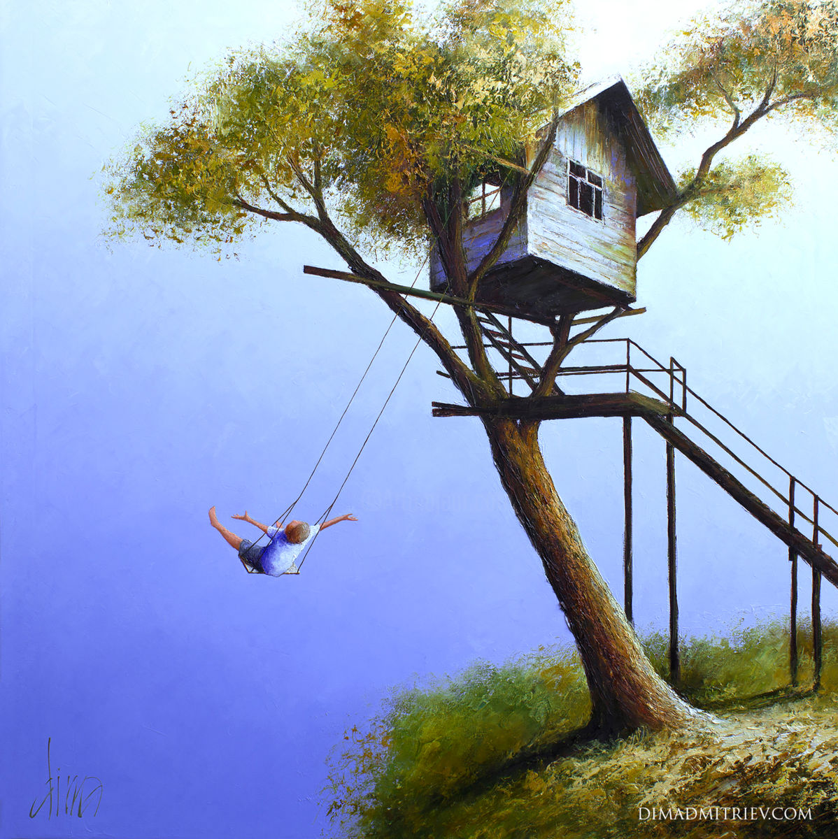 1198x1200 Fly Away (Dima Dmitriev) - Tree With Swing Painting