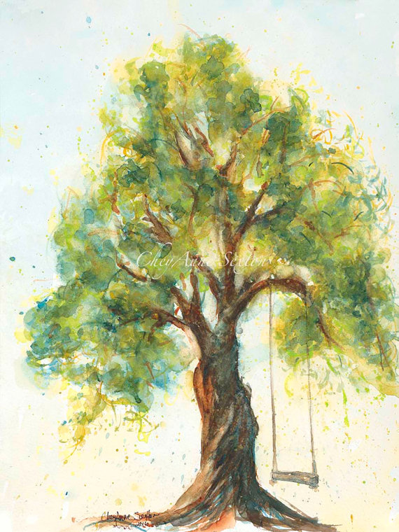 570x760 Tree With Swing Watercolour Giclee Print Fine Art Big Twisted - Tree With Swing Painting