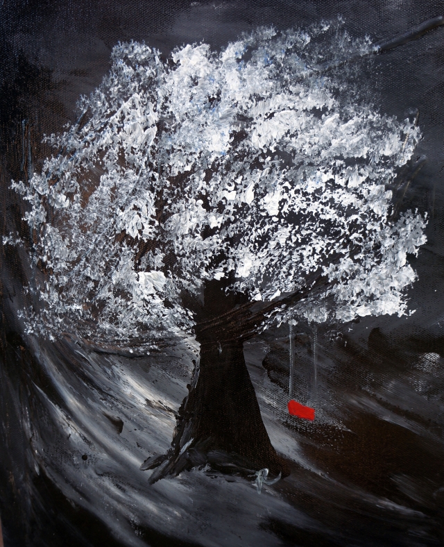 640x788 White Tree With A Small Red Swing - Tree With Swing Painting