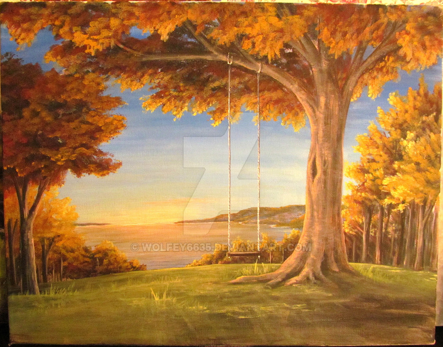 900x706 Autumn Swing By Wolfey6635 - Tree With Swing Painting