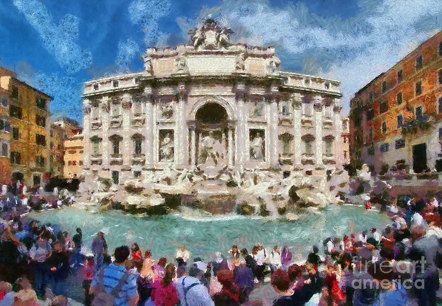 900x625 Panoramic View Of Fontana Di Trevi In Rome Painting By George - Trevi Fountain Painting