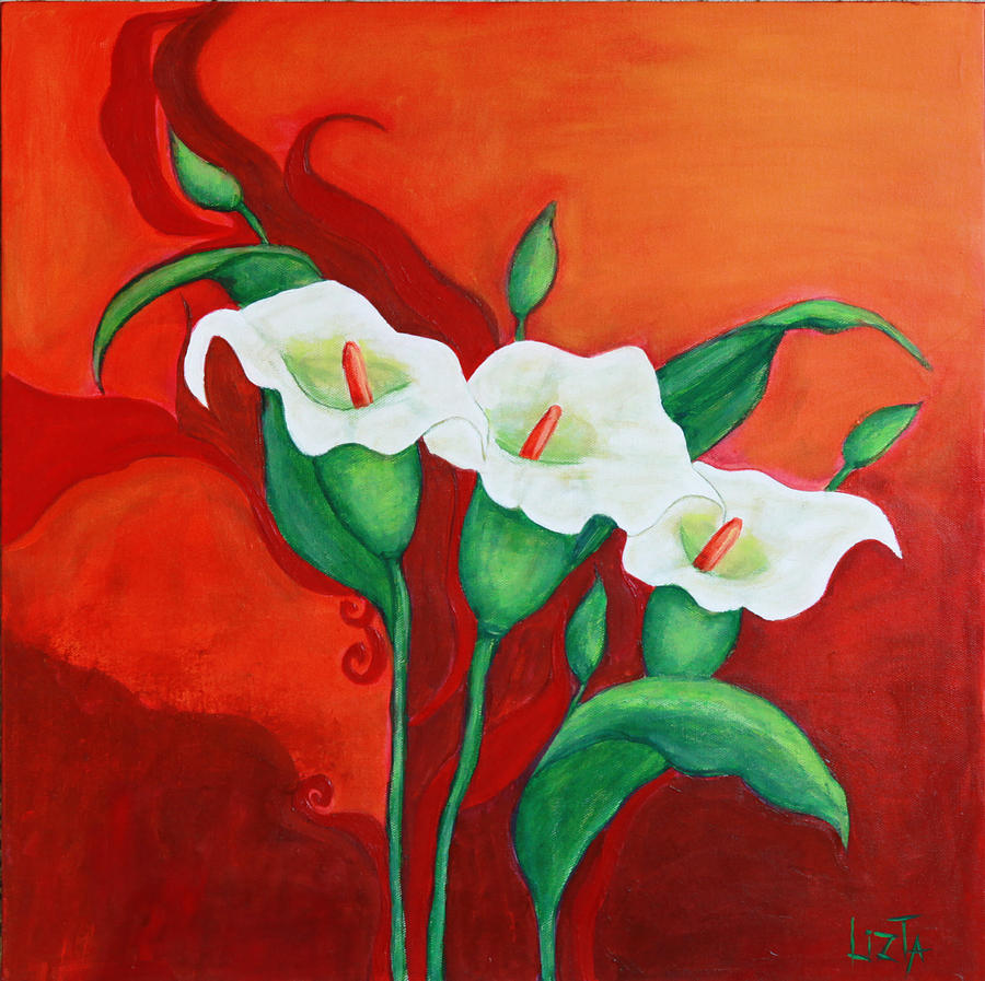 900x897 Delicate And Pretty Callas Triad On Red Oil Painting Painting By - Triad Painting
