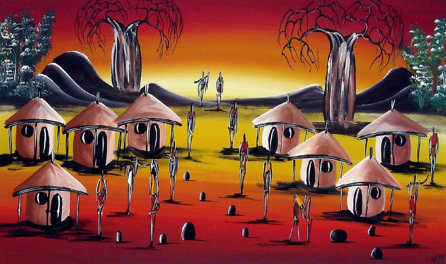 900x533 Village Scene Painting By African Tribal Art - Tribal Art Painting