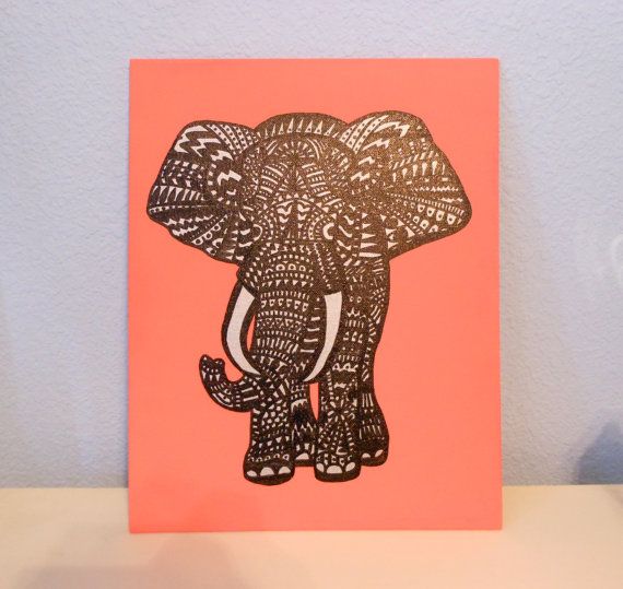 570x539 11 X 14 Tribal Metallic Elephant Acrylic Painting On Canvas - Tribal Elephant Painting