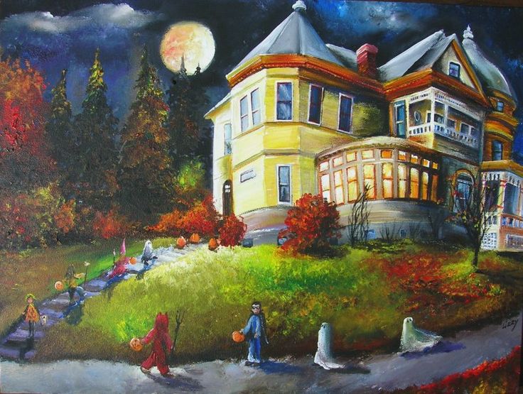 736x555 The 179 Best Town Scenes Images On Halloween Painting - Trick Or Treat Painting