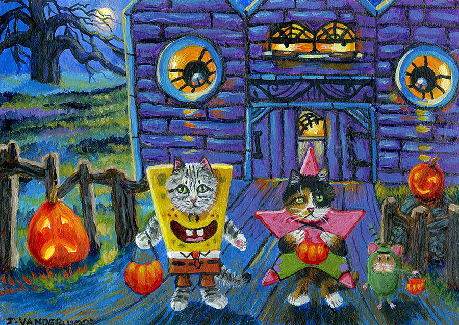 900x637 Trick Or Treat With Spongebob Patrick And Plankton Painting By - Trick Or Treat Painting