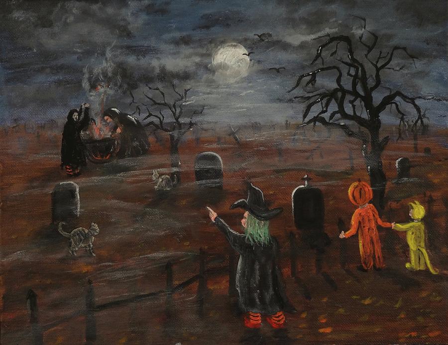 900x694 Trick Or Treating At The Cemetery Painting By Suzanne Tsamardinos - Trick Or Treat Painting