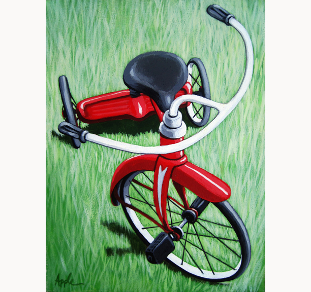 612x576 Red Tricycle Childrens Tryke Realism Bicycle Original Oil Painting - Tricycle Painting