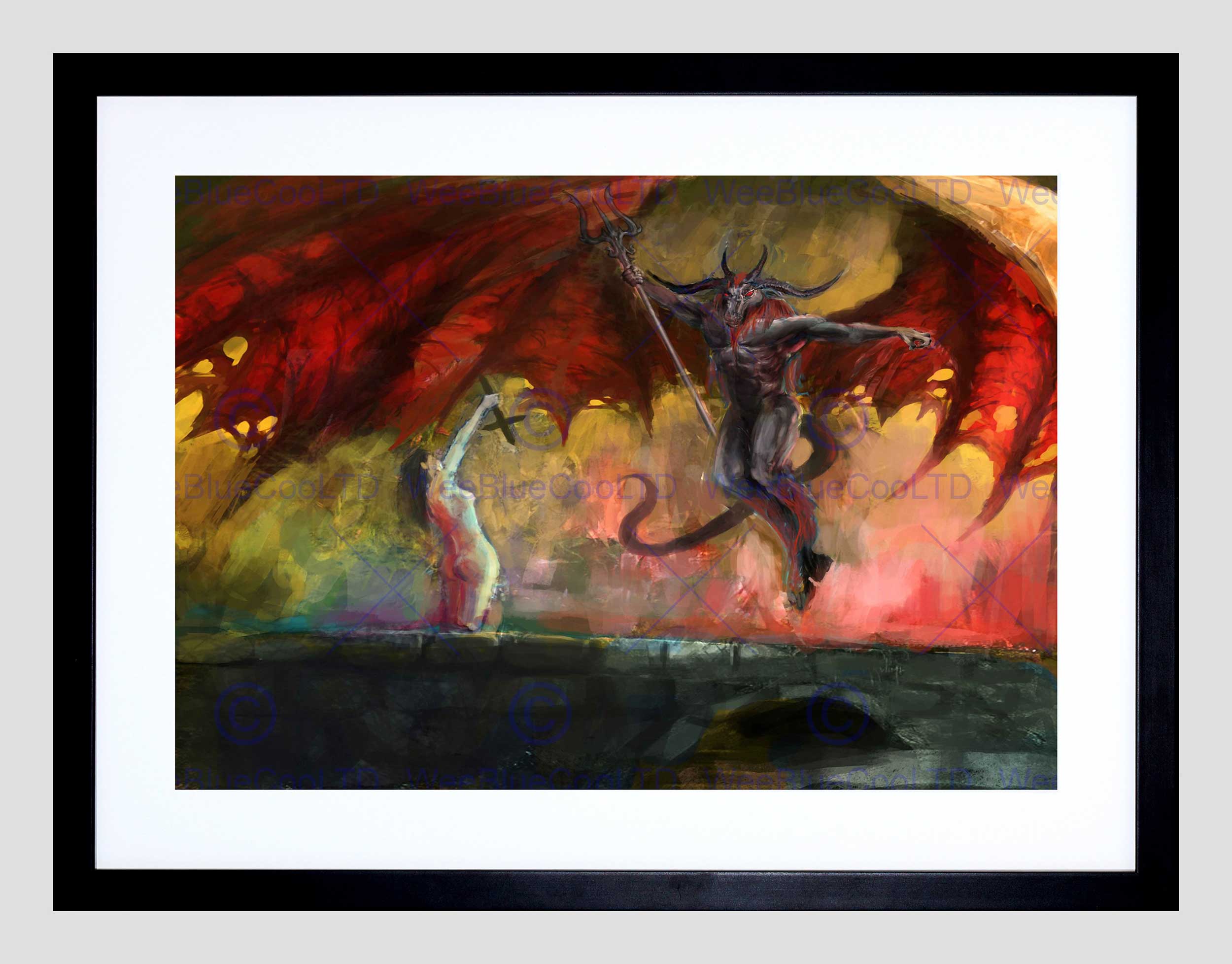 2500x1956 Painting Devil Demon Woman Wings Trident Horns Bridge Cool Framed - Trident Painting