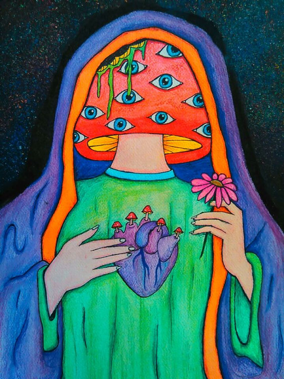 570x760 Original Psychedelic Artwork Framed Virgin Mary Mushroom - Trippy Mushroom Painting