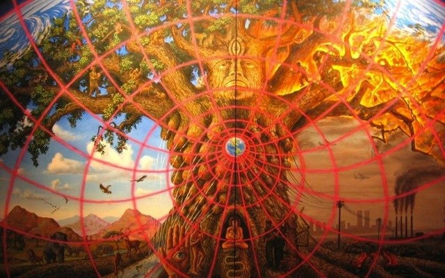 640x400 Creative Trippy Alex Tree Painting On Silk Fabric Red Net Modern - Trippy Oil Painting