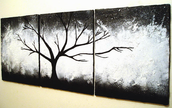 570x358 Monochrome Art Original Painting Abstract Triptych Landscape Black - Triptych Canvas Painting