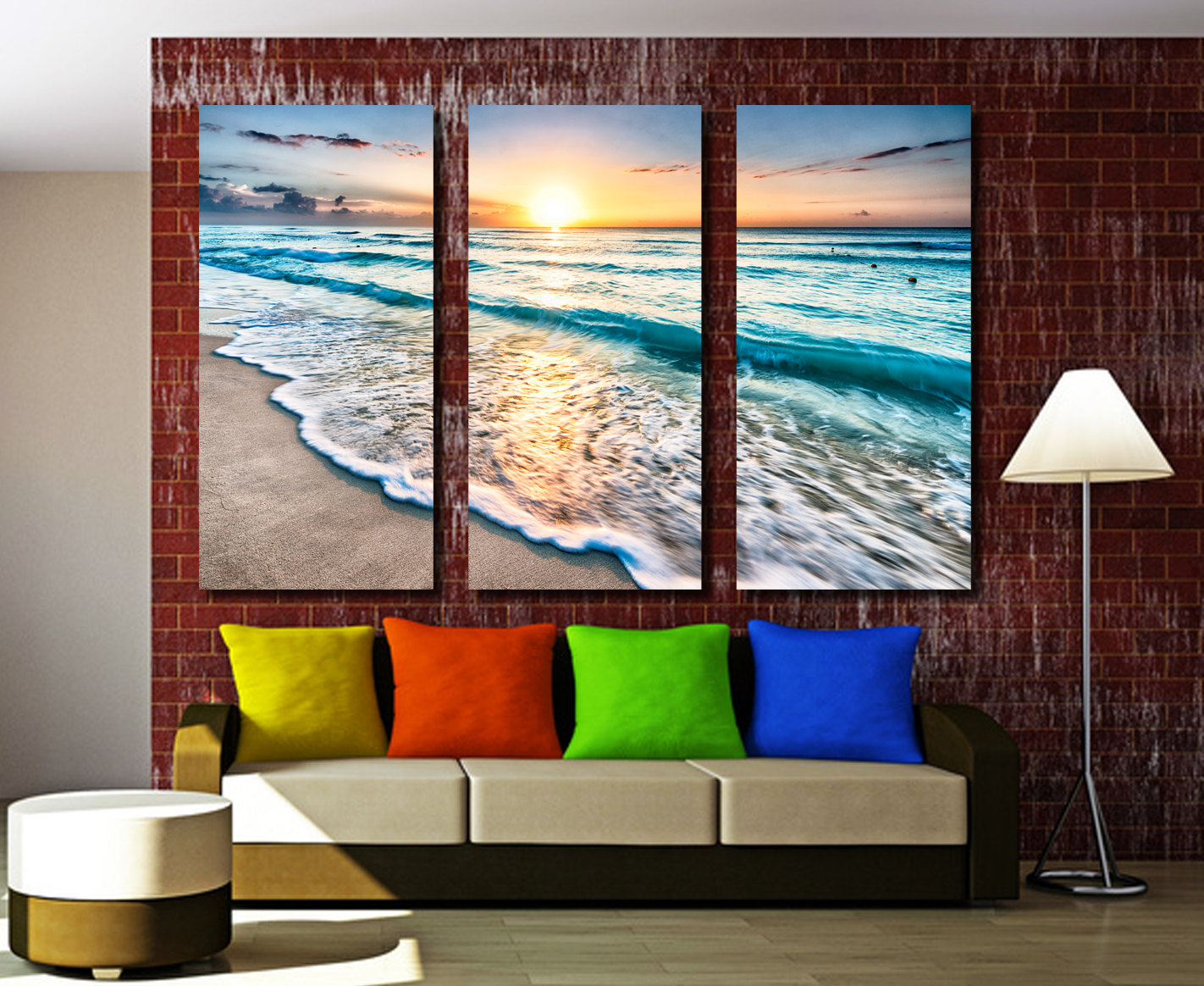 1422x1164 Beach In Cancun Sunrise 3 Panel Split Triptych Canvas Print. - Triptych Canvas Painting