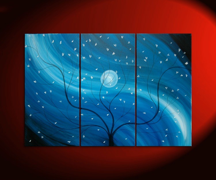 750x627 Original Cherry Blossom Triptych Painting Blue Tree Branch Wall - Triptych Painting