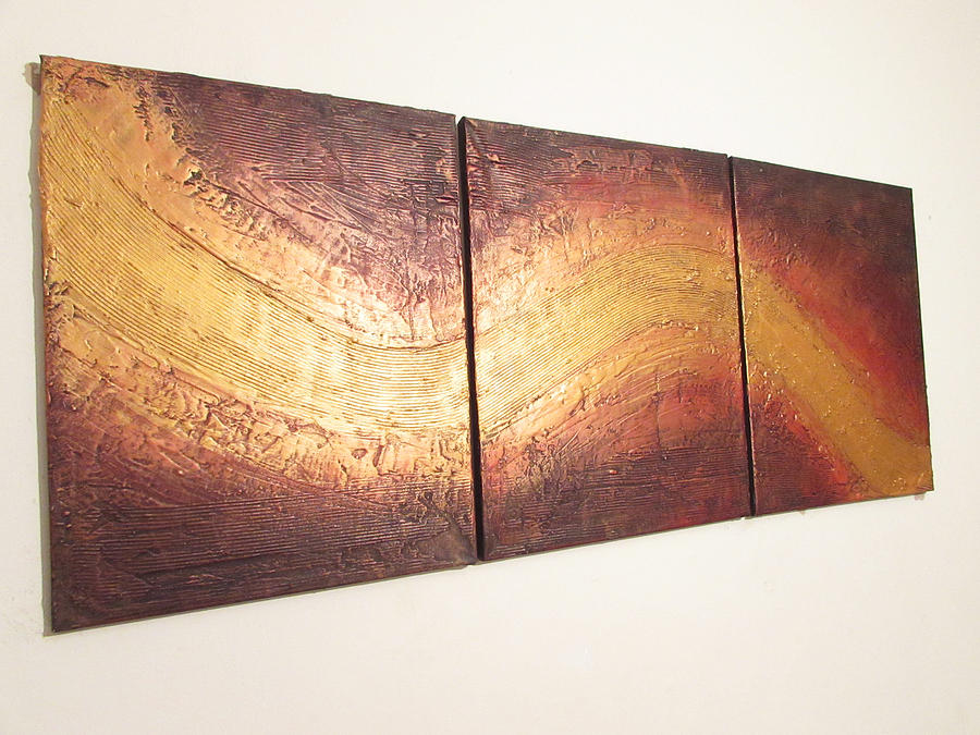 900x675 River Of Gold Triptych Abstract Painting By Stuart Wright - Triptych Painting