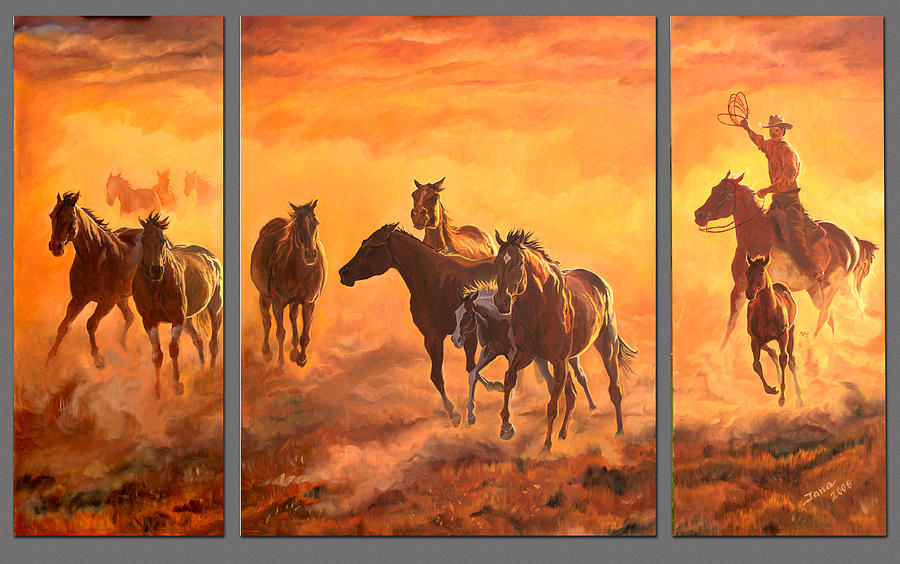 900x564 Sunset Run Triptych Painting By Jana Goode - Triptych Painting