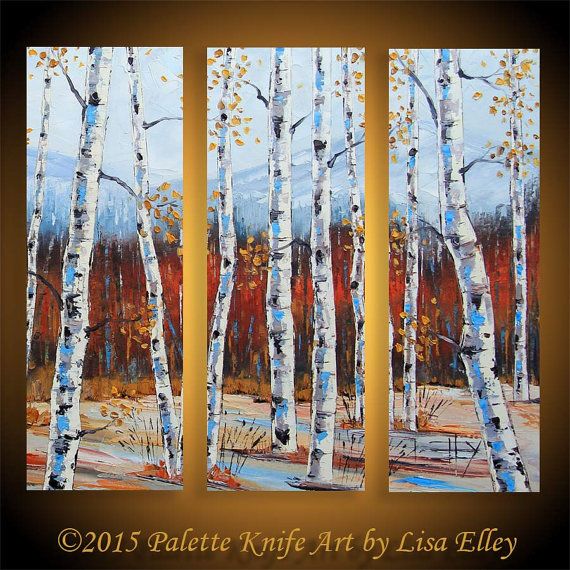 570x570 Triptych Painting, Palette Knife Art, Birch Trees, Original - Triptych Painting