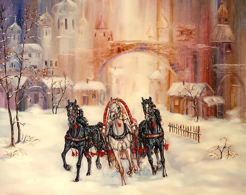 800x634 Russian Winter A Ride In A Troika C1989 - Troika Painting