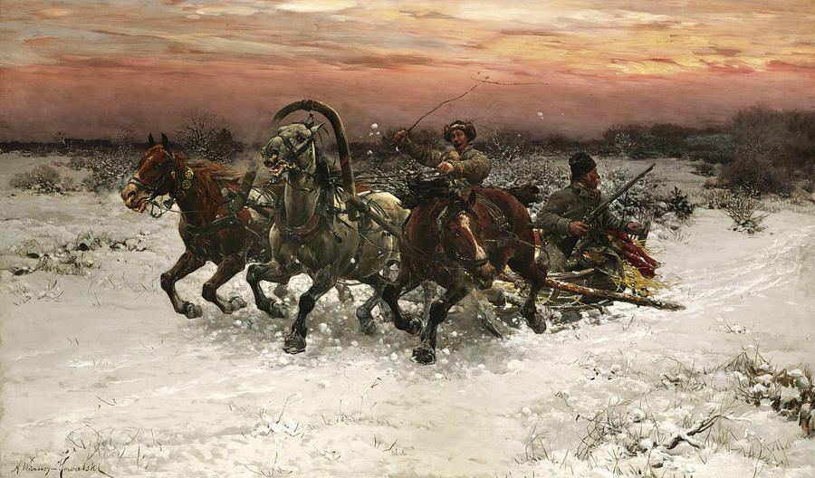 900x528 Troika Pursued By Wolves Painting By Alfred Kowalski - Troika Painting