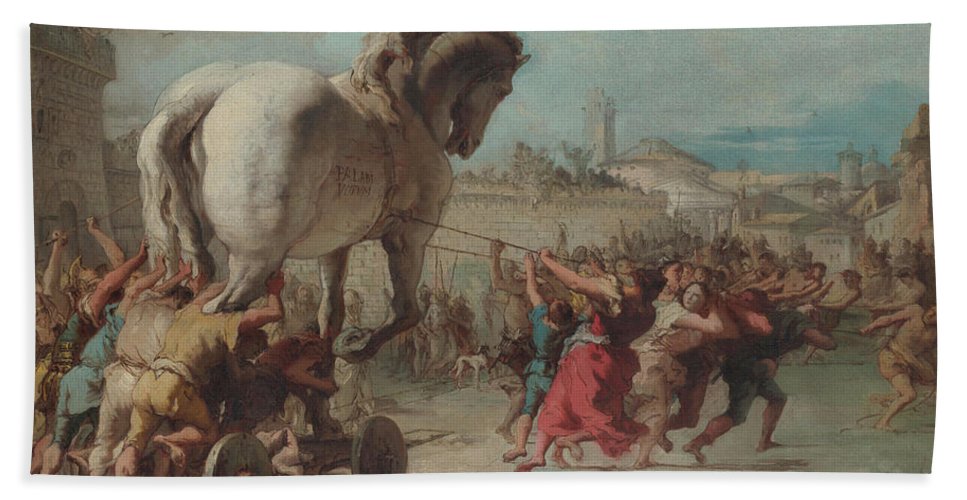 967x500 The Procession Of The Trojan Horse Into Troy Beach Towel For Sale - Trojan Horse Painting
