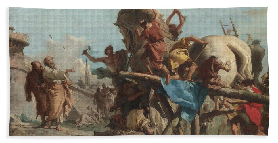 967x500 The Building Of The Trojan Horse Beach Towel For Sale By Giovanni - Trojan Painting