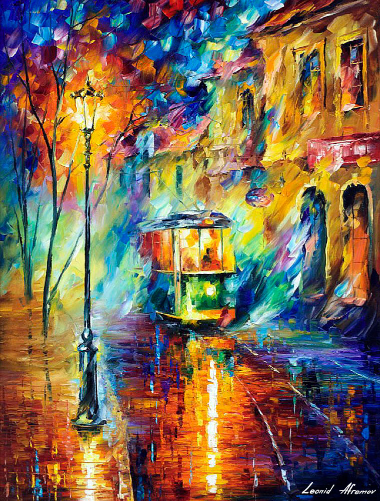 759x1000 Night Trolley Palette Knife Oil Painting On Canvas By Leonid - Trolley Painting