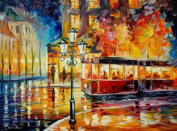 600x446 Night Trolley By Leonid Afremov By Leonidafremov - Trolley Painting