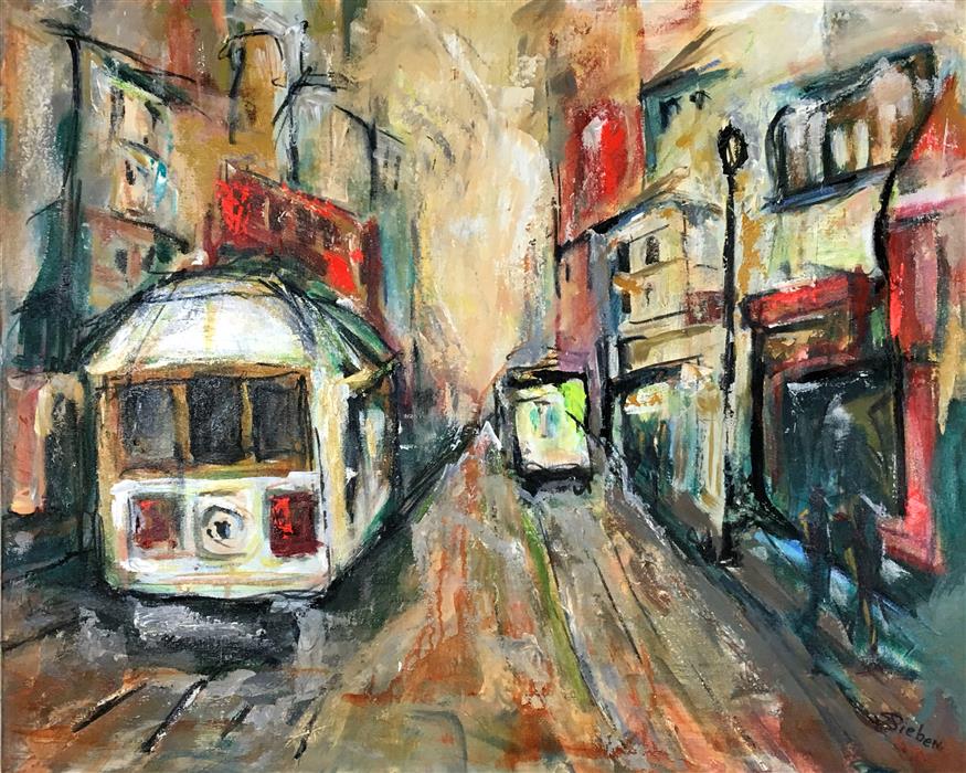875x700 Trolley Town By Sharon Sieben - Trolley Painting