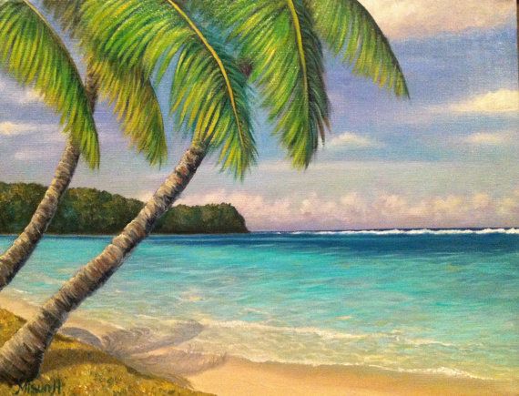 570x435 Tropical Beach Original Oil Painting, Seascape, Pacific Ocean,sky - Tropical Beach Painting