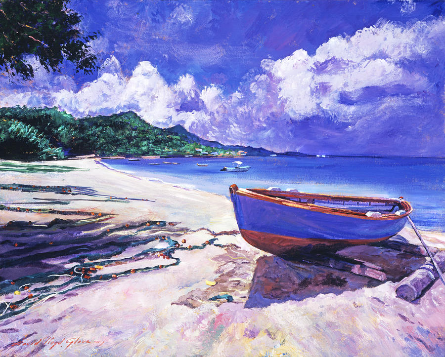 900x723 Blue Boat And Fishnets Painting By David Lloyd Glover - Tropical Beach Painting