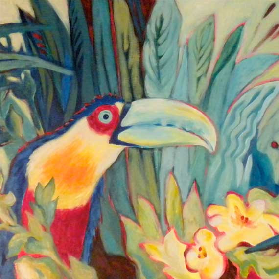 570x570 Toucan Art Original Bird Painting Tropical Bird And Flowers - Tropical Bird Painting