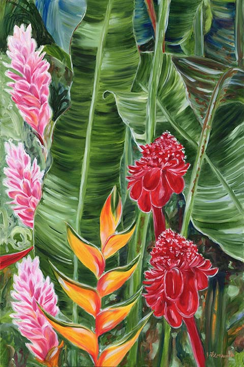 480x720 Purchase Dramatic Tropical Hawaiian Leaves And Maui Flowers Painting - Tropical Flower Painting