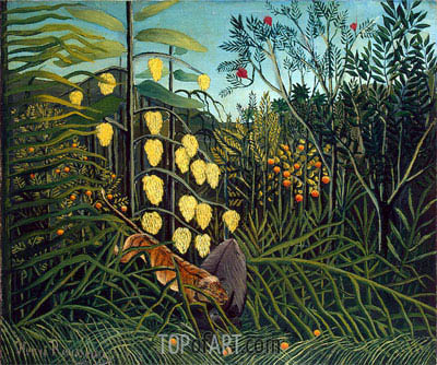 400x334 In A Tropical Forest. Struggle Between Tiger And Bull Henri - Tropical Forest Painting
