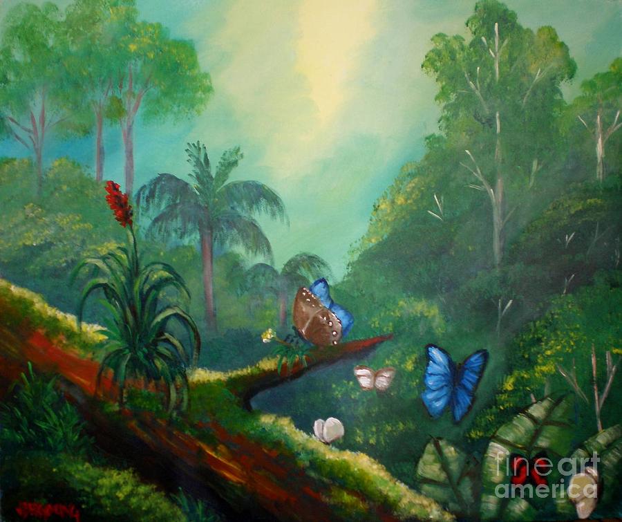 900x755 Butterflyes In The Wild Tropical Forest Painting By Jean Pierre - Tropical Forest Painting