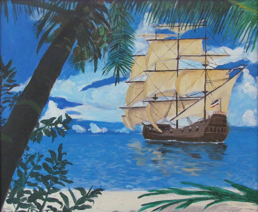 900x742 Tropical Island And Ship Painting By Alex Zak - Tropical Island Painting